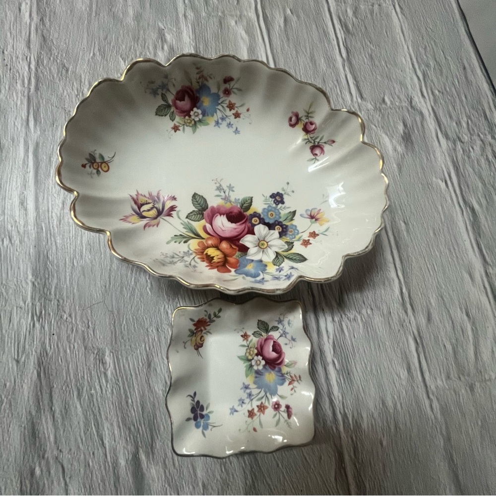 James Kent Old Foley Floral Scalloped Edge Dish & Bon Bon Plate 2 Pieces